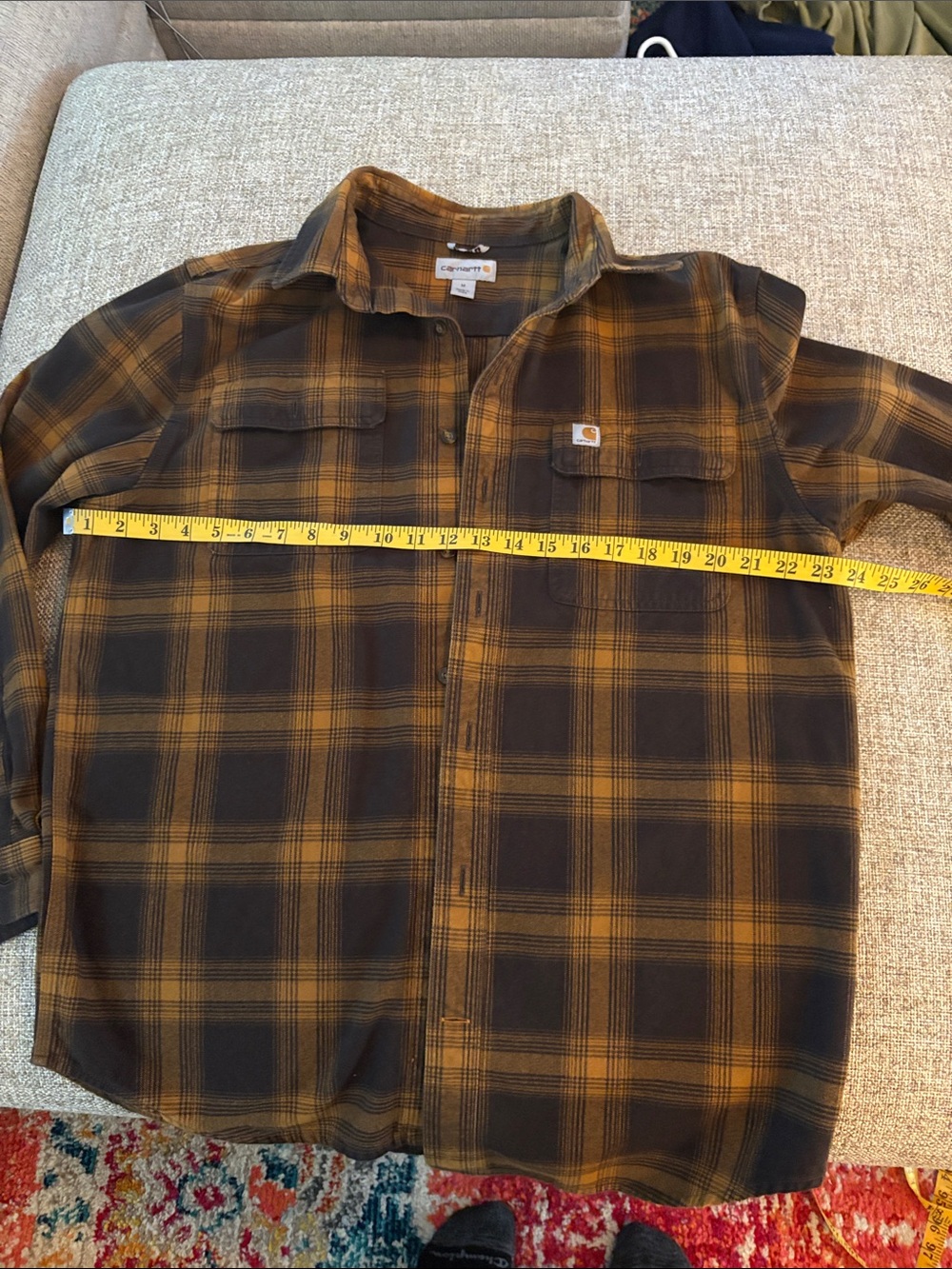 Carhartt Men’s Brown and Gold Plaid Button-Down Shirt